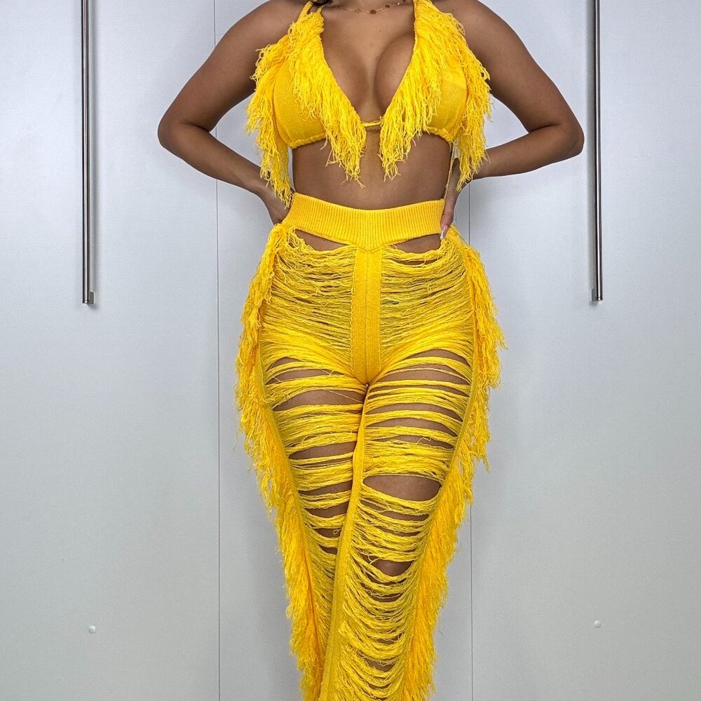 Yellow Fringe Knit 2-Piece pants Set 💛 | Size S | NWT